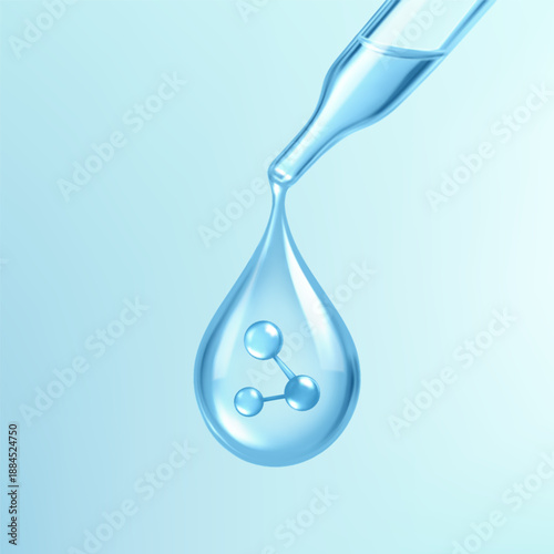 Blue transparent serum drop with molecule inside falling from pipette. Skincare, antioxidant, vitamin essence. Cosmetic product concept. Vector illustration