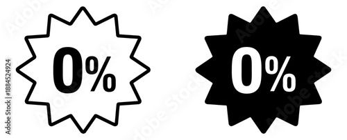 Modern graphic promotional icon set featuring a zero percent symbol in outline and solid starburst shapes for business promotions