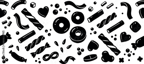 Flat design seamless candy pattern close up with assorted sweets and hearts scattered in horizontal layout bold black and white