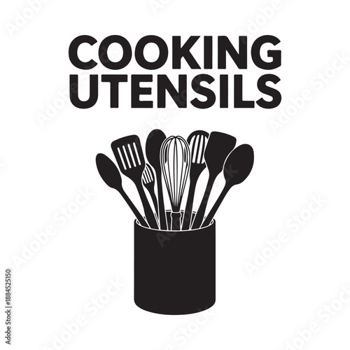 Black and white illustration of cooking utensils in a cylindrical container