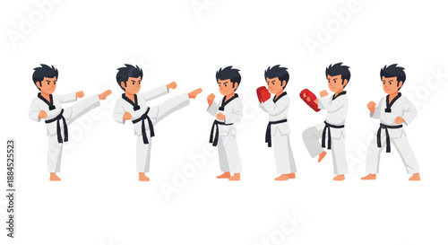 Cartoon illustration of a taekwondo boy performing various kicks and punches in different stances against a plain white background with a playful and dynamic mood.