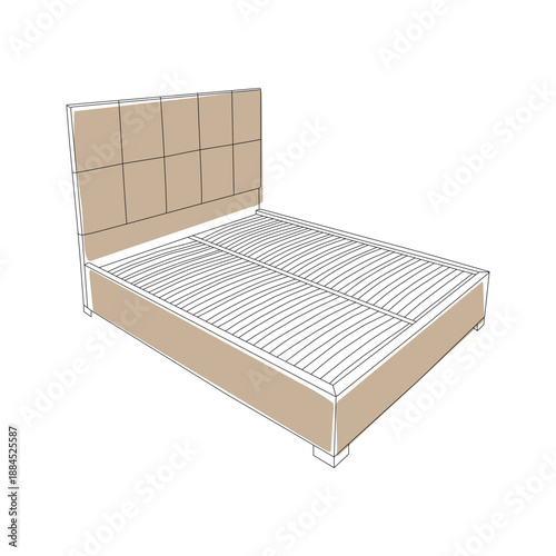 Modern bed with upholstered headboard in clean line vector style. Minimal furniture illustration suitable for bedroom interior design, furniture catalogs, home decor visuals and modern presentations.