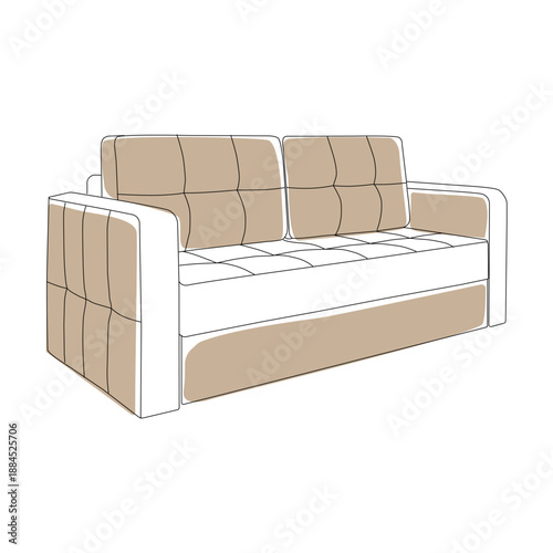 Modern upholstered sofa in minimal line vector style. Clean outline illustration with neutral colors, ideal for interior design, furniture catalogs, home decor visuals, websites and presentations.