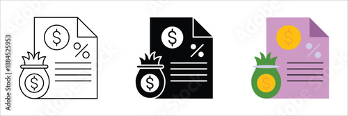 Vector icon set of a financial document, money bag, and percentage symbol for loan agreements, savings, interest rates, and investment concepts