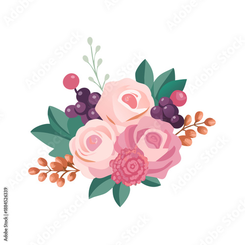 Chic and romantic faux flower arrangement, featuring diverse shades of roses and accent berries, suitable for sophisticated event planning and home staging. with flowers
