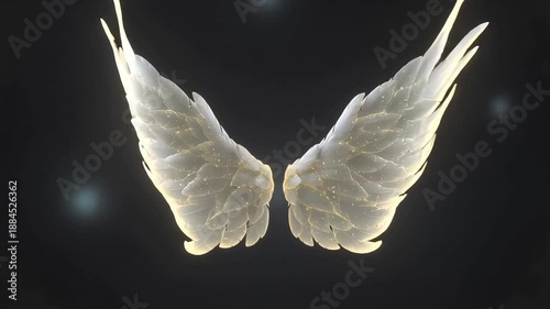 Ethereal white angel wings with glowing details on dark background  