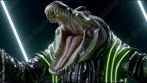 A crocodile wearing a neon jacket. The crocodile is sitting on a chair. The image is a creative and fun way to present a crocodile