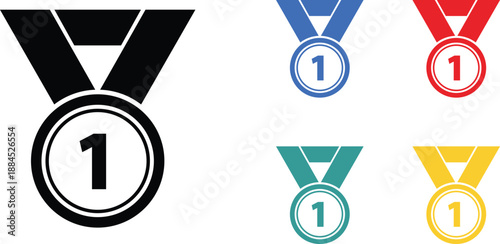 Collection of five first place medals in black blue red teal and yellow number one winner
