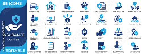 Insurance and protection solid icon set featuring health, life, car, travel, home, accident, cyber, pet, and retirement insurance. Clean flat vector icons for insurance services, policy management, an