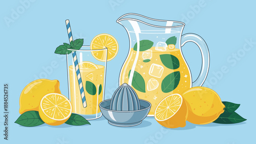 Refreshing homemade lemonade illustration with fresh lemons, mint, and a juicer, perfect for a summer drink