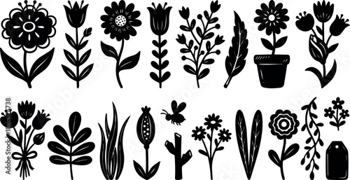 Hand drawn folk art floral silhouette icon set close up top view assorted flowers stems leaves potted plant tags decorative