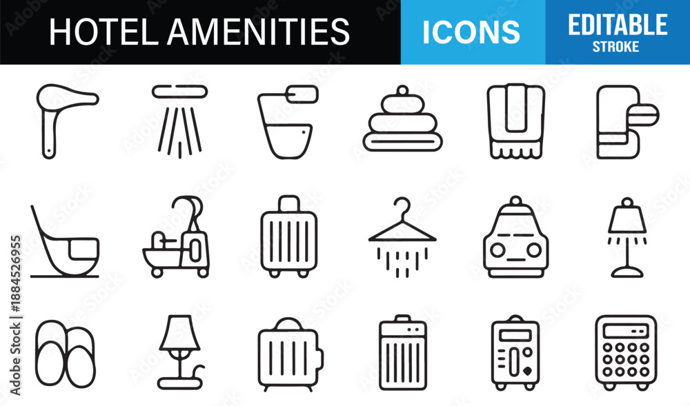 Fototapeta premium Hospitality amenities symbol pack with editable stroke icons