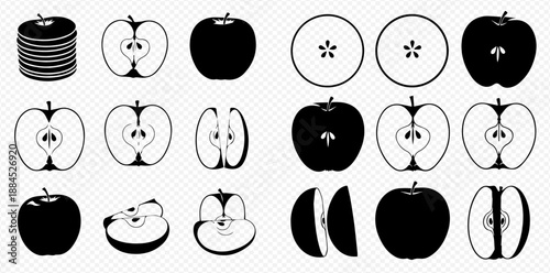 Set of black and white apple icons, whole, half, sliced, and stacked, illustrating various forms of the fruit for design elements.