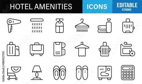 Editable hotel service icons in clean linear outline style