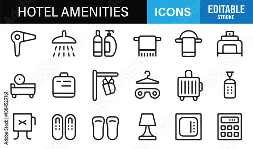 Hotel amenities outline icon set for hospitality and travel design