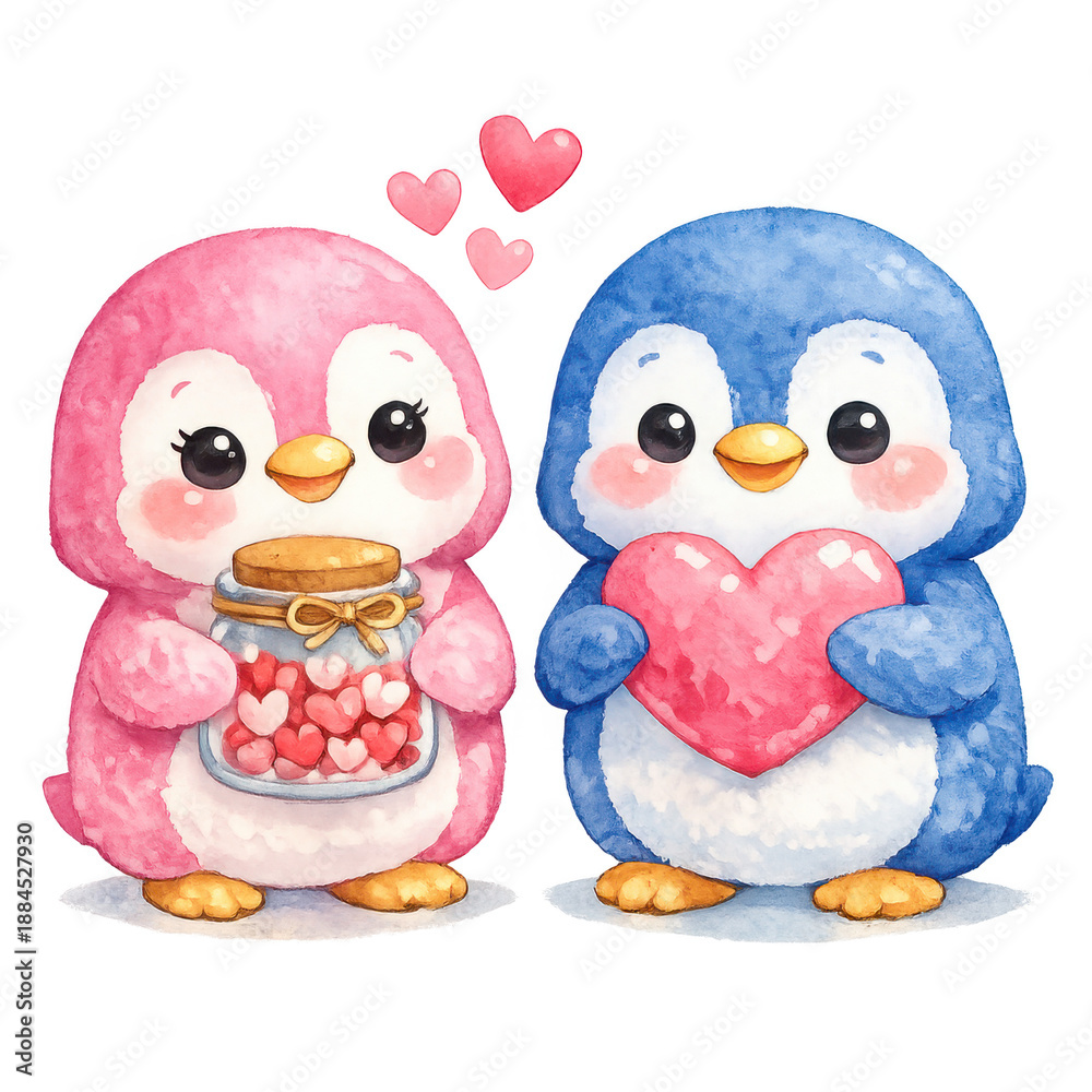 Obraz premium Cute watercolor penguins holding hearts and a jar of hearts, isolated on transparent background isolated on transparent background