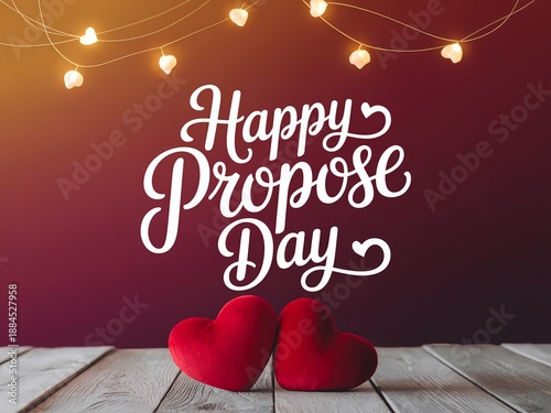 Happy propose day with two red hearts on wooden table and string lights on red background
