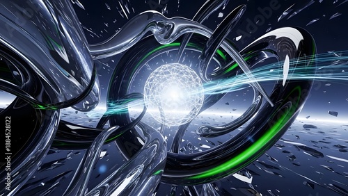 Futuristic Abstract Metal Rings in Space Scene.