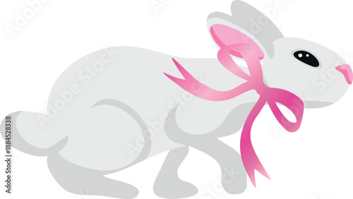 cute Easter white rabbit with pink bow tie in walking pose, for Easter cards, posters or other holiday designs