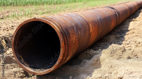 Wallpaper Mural A large abandoned rusty metal pipe lies partially buried in the dirt with its corroded surface visible in outdoor light Torontodigital.ca
