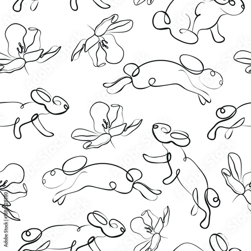 pattern with rabbits in different poses and tulip buds in line art style with contours of different thickness, for Easter cards, posters or other holiday designs
