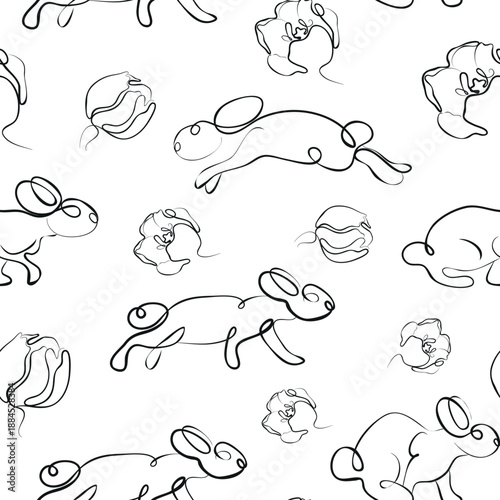 pattern with rabbits in different poses and unopened flower buds in line art style with contours of different thickness, for Easter cards, posters or other holiday designs