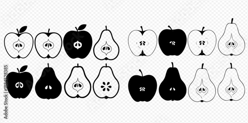 Set of black and white apple and pear fruit icons with cross-sections, showcasing whole and sliced fruit designs.