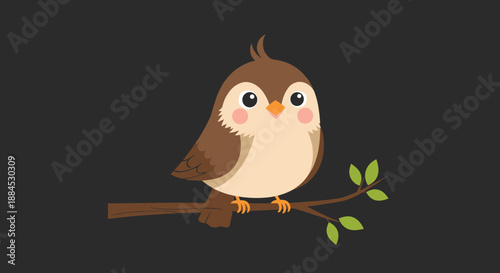 Cute brown bird with pink cheeks perched on a simple tree branch with green leaves against a dark background.