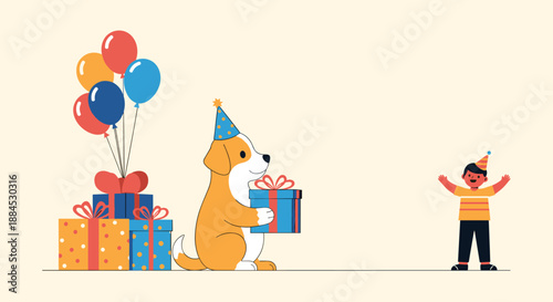 Friendly dog wearing a blue party hat giving a gift to a happy boy during a birthday celebration with balloons and many presents.