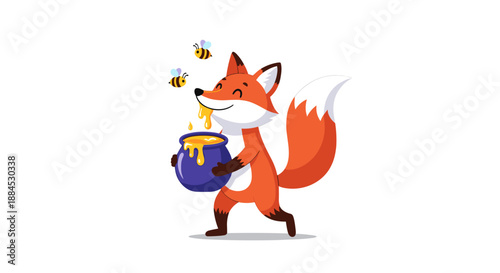 Happy orange fox walking while holding a blue pot of dripping honey with small bees flying around its head on a clean white background.