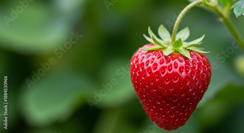 A ripe red strawberry hanging from a green stem in a lush garden
