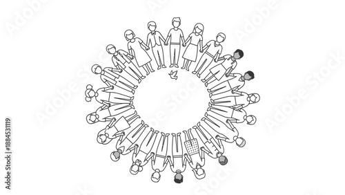 Black and white illustration of a diverse group of people standing in a circle on a kuda chinese day with a mix of shading and line art techniques against a plain background.