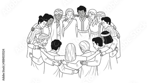 A diverse group of people join hands in a circle on a kuda chinese day, showcasing unity and togetherness in a simple line drawing with a minimalist white background.