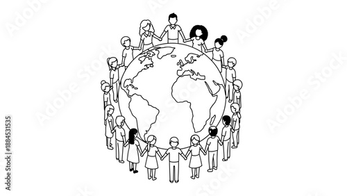 Black and white illustration of diverse people standing in a circle around the globe, holding hands in unity and cooperation.
