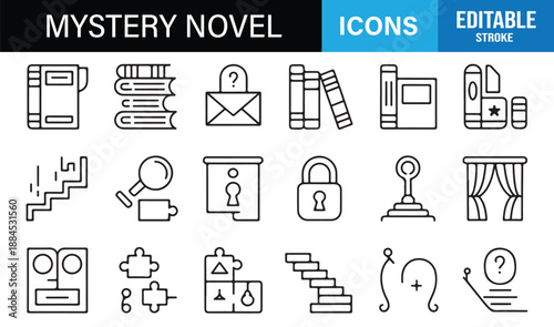 Minimal black and white mystery novel icon collection
