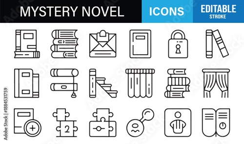 Mystery fiction outline icons for publishing and education design