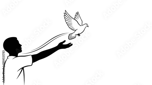 A silhouette of a man releasing a dove with an olive branch in a simple, symbolic gesture representing world peace and freedom against a clean white background.
