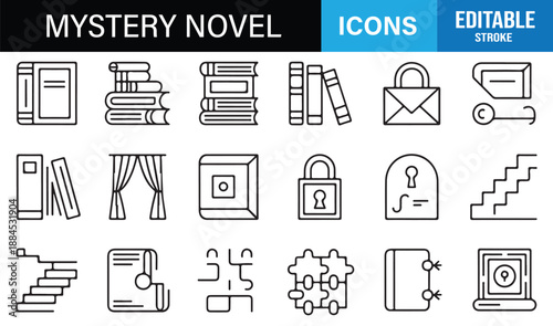 Editable mystery book icons in clean linear outline style