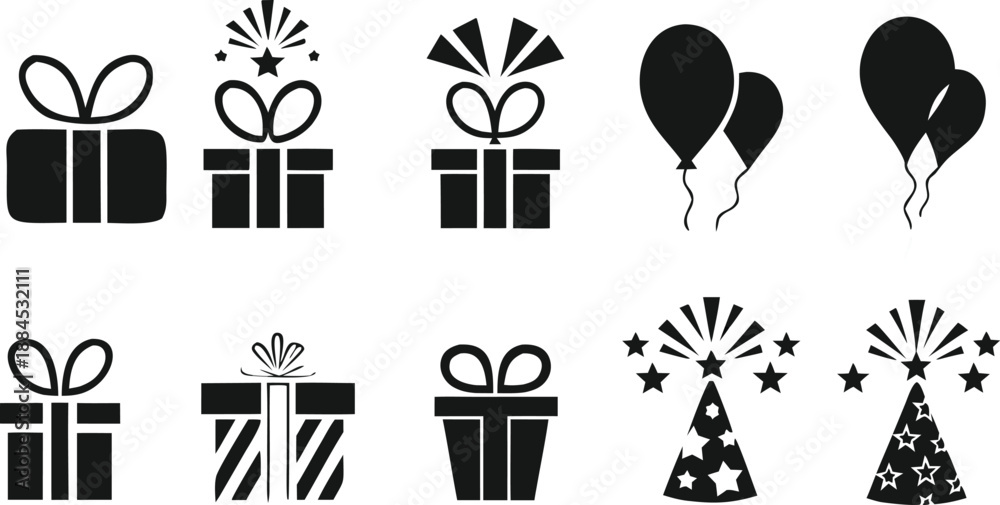 Naklejka premium Black and white illustration featuring gifts balloons and festive party decorations high quality