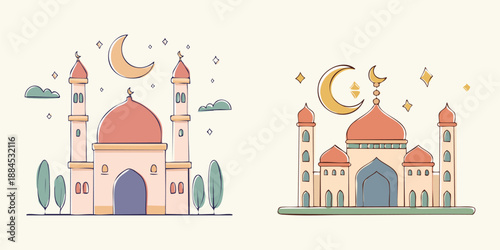 Abstract flat vector interpretation of mosque dome using geometric and artistic forms.