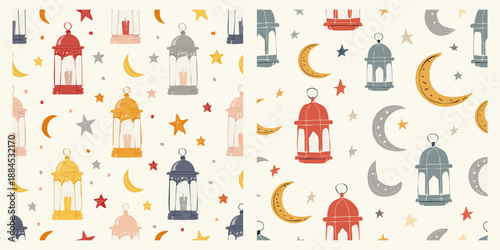 Flat vector Islamic night sky pattern with hanging lanterns and crescent moons.