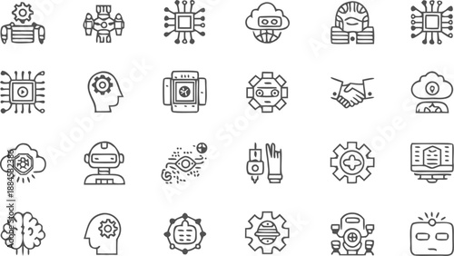 Collection of minimalistic line icons representing artificial intelligence and robotic technologies high quality