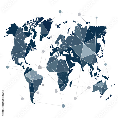 a geometric world map illustration showcasing interconnected nodes and lines representing global networks and data connectivity high quality