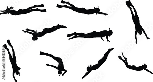 Snorkeling and Scuba Diving Silhouette Collection, Underwater Swimmers with Fins and Masks, Marine Life Exploration Graphics, Ocean Adventure Sports Vector Set, Professional Diving Poses