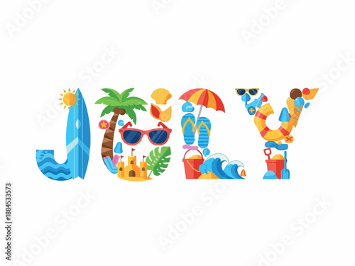 July beach vacation concept with summer elements on a white background surfboard, palm tree, and more!