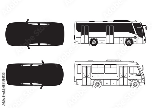 CAD Vehicle Drawings | Car, Bus, Minibus Silhouettes and Outlines | Top and Side View Vector Set