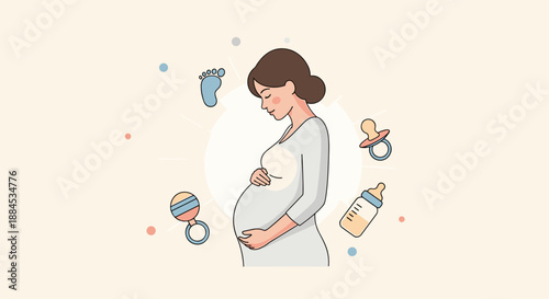 Pregnant woman surrounded by baby items illustration for maternity announcements, baby shower invitations, and parenting blogs.