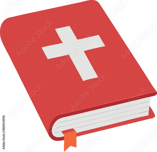 A vibrant red holy book with a white cross emblem a bookmark