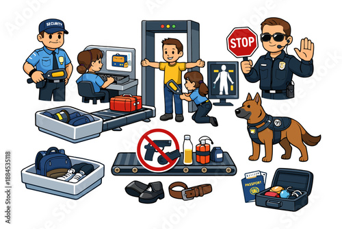 Airport security checkpoint scene with officers, scanner, and detection process.