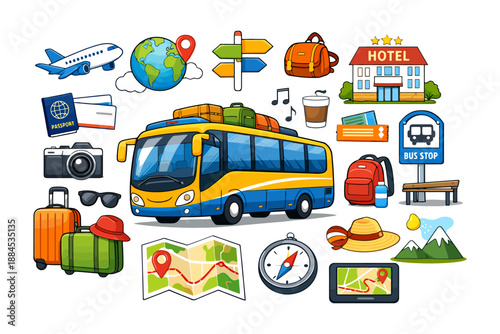 Colorful travel adventure icons: transportation, luggage, compass, map, hotel, passport.